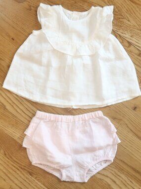IL GUFO baby girl 2 piece set white pink 100% linen top bloomer summer event 12M